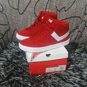 Pony Men’s Red Suede High-Top Sneakers with White Chevron